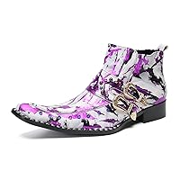 Mens Fashion Graffiti Chukka Boots Comfort Casual Leather Chelsea Beaded Boots Zipper Buckle Ankle Dress Boots