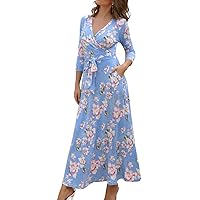 Aphratti Womens 3/4 Sleeve Faux Wrap Casual Fall Long Maxi Dress with Pockets