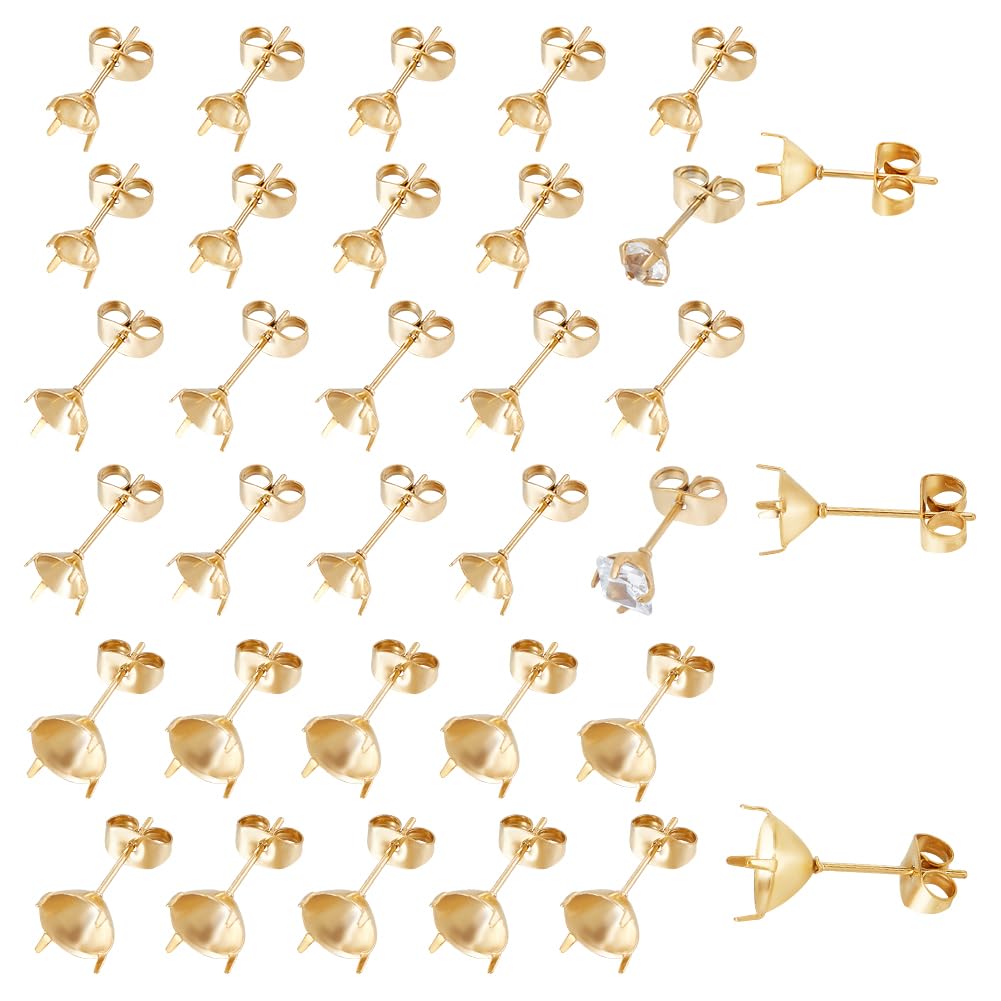 UNICRAFTALE 36pcs Real 18K Gold Stud Earring Stainless Steel 4 Claw Prong Earring Settings Stud Earrings Blank Components with Ear Nuts Rhinestone Stud Earrings for DIY Earring Jewelry Making