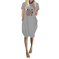 Women's Love Printing Casual Pocket Short Sleeve Crew Neck Dress Simple T-Shirt Loose Oversize Tunic Dress