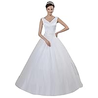 Ivory Tulle A Line Princess V Neck Wedding Dress With Pearl Beading