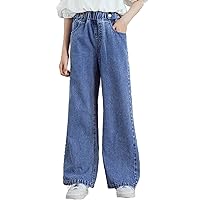 TiaoBug Kids Girls Washed Jeans Distressed Straight Leg Denim Trousers Casual Wide Leg Baggy Pants with Pockets