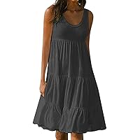 Summer Dresses for Women 2024 Sleeveless Casual Beach Flowy Sundress Tiered Scoop Neck Swing Knee Length Mini Dress