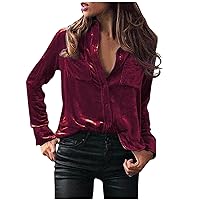 Velour Fitted Shirts Women Dressy Long Sleeve Velvet Shirt Blazer Button Down Lapel Casual Tops Slouchy Soft Blouse