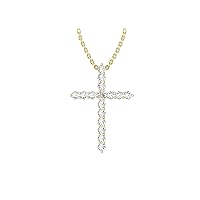 14k Yellow Gold timeless cross pendant set with 15 round white/colorless sapphires (1/2ct, AA Quality) encompassing 1 round white diamond, (.045ct, H-I Color, I1 Clarity), dangling on a 18
