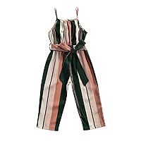 VISGOGO Summer Fashion Kids Girls Jumpsuits Pants Colorful Striped Printed Sleeveless Playsuits With Bow Belt 1-6Y