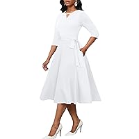 CLOCOR Midi Dresses for Women Casual A-Line Fit and Flare Dress 3/4 Sleeve Print Crewneck Cocktail Party Dress with Pockets