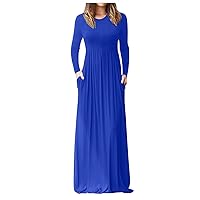 Womens Long Dress Fall 2023 Long Sleeve Crewneck Floral/Plain Tunic Empire Waist Wedding Guest Maxi Dress with Pocket