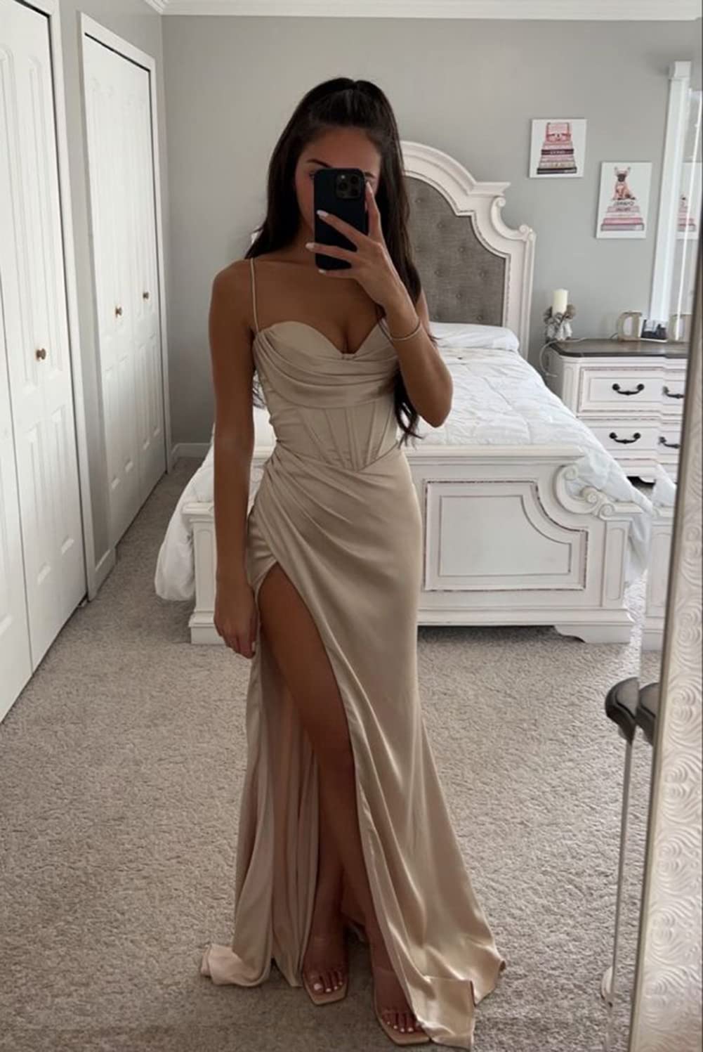 AKHOKA Women's Halter Slit Satin Prom Dresses 2023 Long Bridesmaid Dress Ruched Formal Evening Party Gown