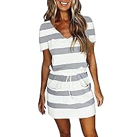Women's Striped Print Fashion Casual V Neck Short Sleeves Camisole Backless Sexy Dress Summer Outfits for Women