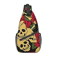 Rose And Skull Sling Backpack, Multipurpose Travel Hiking Daypack Rope Crossbody Shoulder Bag