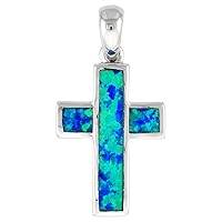 Sterling Silver Synthetic Opal Cross Necklace for Women Hand Inlay 3/4 inch