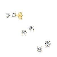 14k Yellow Gold Solitaire Round Cubic Zirconia CZ Stud Earrings with Gold butterfly Pushbacks - 3 Pair Set (3mm, 4mm, 5mm)