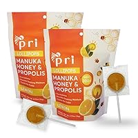 PRI Manuka Honey Lollipops with Propolis, Certified MGO 300+ - Throat Soothing, Lemon Flavor, (24 Lollipops, 5.46oz)