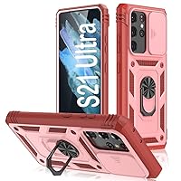 PASNEW for Samsung Galaxy S21 Ultra Case,Finger Ring Kickstand & Camera Cover Slide & Charge Port Dust Plug,Military Heavy Duty Full Body Shockproof Protective Hard Shell S21Ultra,6.8 inch,Pink