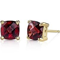 Peora Solid 14K Yellow Gold Garnet Stud Earrings for Women, Genuine Gemstone Birthstone Solitaire, Cushion Cut 6mm, 2.50 Carats total, Friction Back
