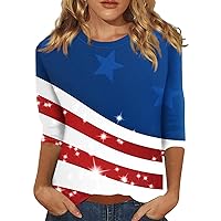 Independence Day Summer Tops for Women 3/4 Sleeve Crewneck Shirts 4 Th July Blouses Stars and Stripes Print Outfits
