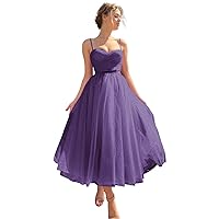 Basgute Tulle Tea Length Prom Dresses for Women Corset Sweetheart Spaghetti Straps Teens Formal Evening Party Gowns