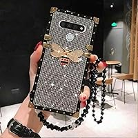 for LG K51 Luxury Bling Glitter Sparkle Cute Gold Square Corner Soft Shock-Absorption Phone Case Cover with Strap - Black