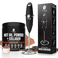 MCT Oil Powder with Collagen and Handheld Milk Frother Bundle – Chocolate Keto Energy Boost with Acacia - Stainless Steel and Black Frother for Easy Mixing and Foamier Lattes