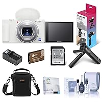 Sony ZV-1 Compact 4K HD Digital Camera, White Bundle with Sony Shooting Grip/Tripod, 64GB UHS-II SD Card, Shoulder Bag, Extra Battery, Smart Charger and Accessories