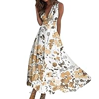 Dresses for Women 2024 Casual, Summer Straps Sleeveless Backless Sundress Flowy Smocked Lace Swing A Line Long Dress Outfits Date Night Sparkly Prom Dresses Casual Midi Dresses (M, Earthy Yellow)