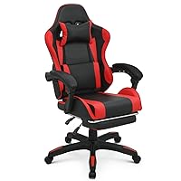 MoNiBloom Gaming Chair with Footrest High Back Video Game Chair with Headrest & Lumbar Support Height Adjustable Leather Swivel Computer Chair for Adult Teen Office or Gaming, Red