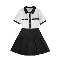 Girl's 2 Piece Cute Colorblock Short Sleeve Contrast Trim Button Front Tee Shirt Top and Pleated Skirt Sets