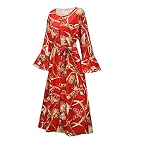 HAN HONG Printed Ladies Dress Retro Long Skirt Open Thread Design Chain Printed Belt Casual Shirt Dress