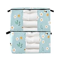Flower with Leaves and Honey Bee Clothes Storage, Foldable Blanket Storage Bags, 60L Storage Containers for Organizing Bedroom, Closet, Clothing, Comforter, Organization and Storage with Lids and Hand