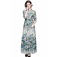 XINUO Women's Maxi Dresses Green Floral Print Sleeve Shirt Dress Collared Long Button up Casual Maxi Dress (Green, US 10,Asian Size l)