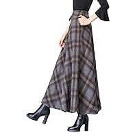 Womens Vintage Fall Winter Wool Plaid Midi Skirts A Line Elastic High Waisted Belted Warm Skirts