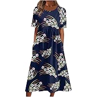 Dresses for Women 2024 Trendy Summers Printed Pleated Round Neck Midi Dresses Outdoor Short Sleeve Loose Dresses