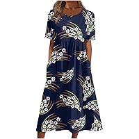 Short Sleeve Crew Neck Plus Size Summer Dress 2024 Print Lounge T Shirt Midi Dress with Pockets