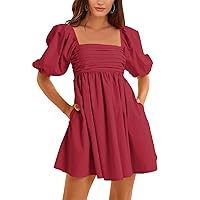 Ebifin Womens Square Neck Dresses Half Puff Sleeve High Waist A-Line Casual Backless Smocked Short Babydoll Mini Dress