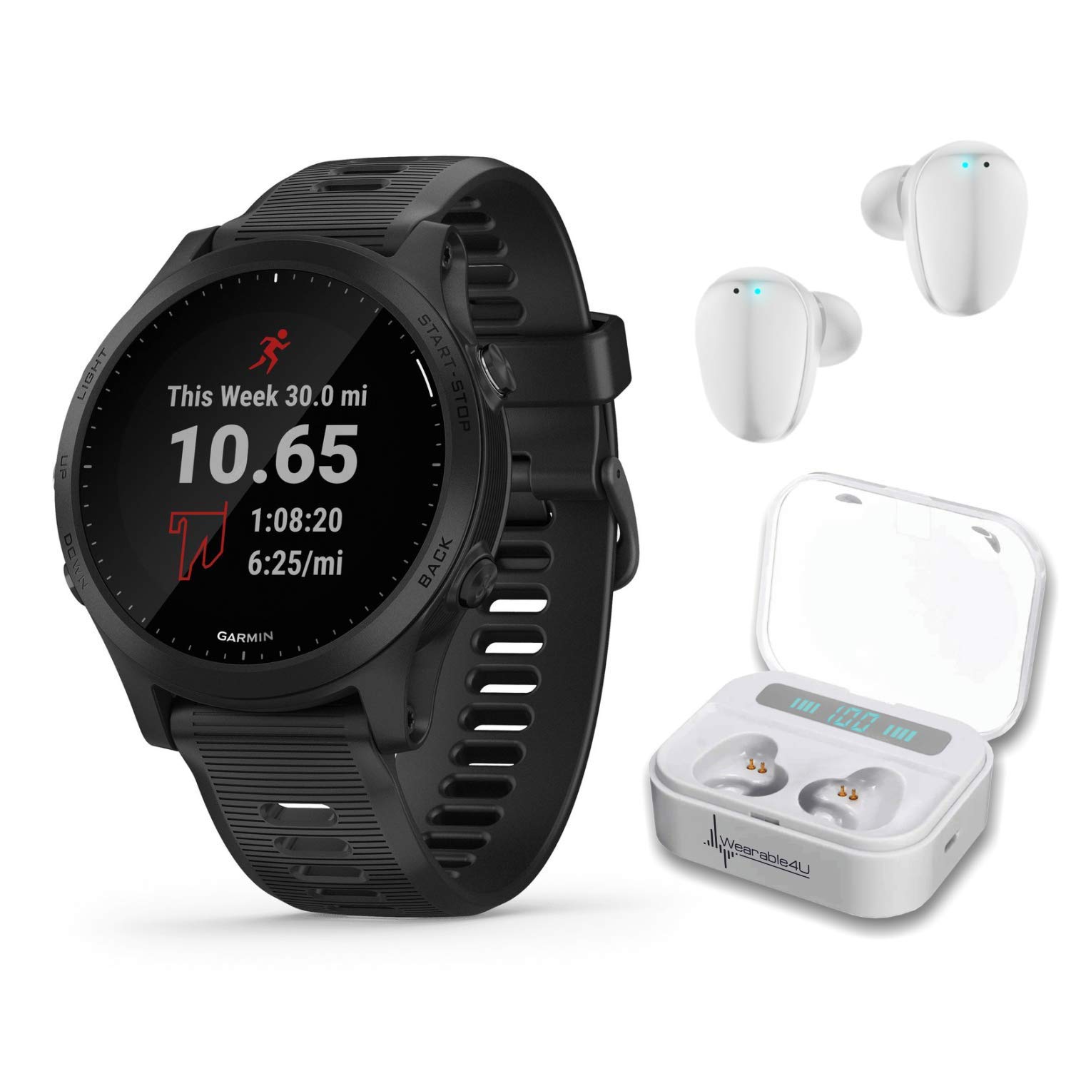Wearable4U Garmin Forerunner 945 Premium GPS Running/Triathlon Smartwatch with Included Ultimate White Earbuds with Charging E-Bank Case Bundle