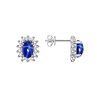 925 Sterling Silver Halo Stud Earrings for Her - 6X4MM Oval Blue Star & Sparkling Diamonds -Exquisite September Birthstones by Rylos