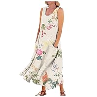 NBXNZWF Womens Maxi Dresses for Summer 2024 Fashion Casual Flower Print Sleeveless Cotton Linen Plus Size Pocket Dresses