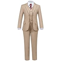 Boys' 5 Piece Formal Suit Set with Suit Jacket, Vest, Pants, Collared Dress Shirt, and Tie