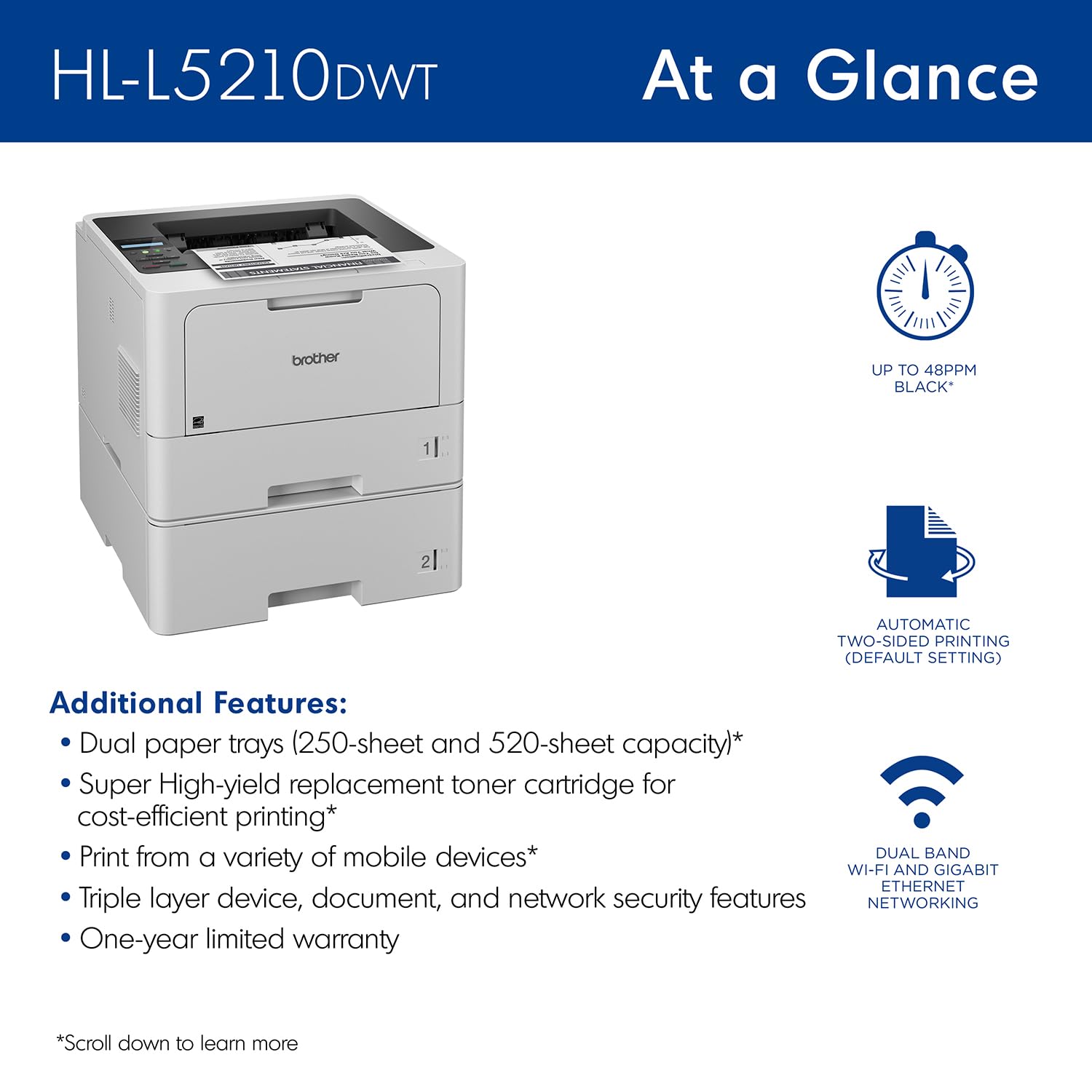 Brother HL-L5210DWT Business Monochrome Laser Printer with Dual Trays, Wireless and Gigabit Ethernet Networking, Duplex Printing, Large Paper Capacity, and Mobile Printing