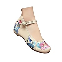 Chinese Embroidery Lotus Oxfords Sole Girls Mary Jane Plarform Shoes Beige