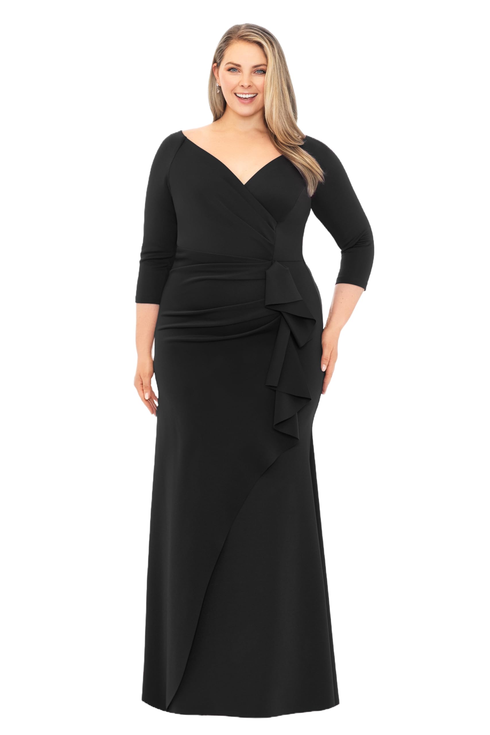Xscape Women's Plus Size Long 3/4 Sleeve V-Neck Side Ruched Dress