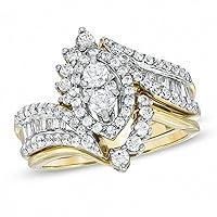 10K Yellow Gold 1 cttw Round Diamond Marquise Shape Cluster Bridal Engagement Ring Set for Women (Color I-J, Clarity I2)