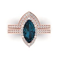 Clara Pucci 2.16ct Marquise Cut Halo Solitaire Natural London Blue Topaz Engagement Anniversary Bridal Ring Band set 18K Rose Gold