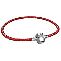 Braided Leather Charm Bracelet For Women, Fits European Charms, Barrel Snap Clasp, Red 7.5 Inch