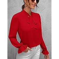 Womens Summer Tops Solid Tie Front Blouse (Color : Red, Size : Small)