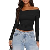 Women's One Off Shoulder Top Going Out Tops Y2k Long Sleeve Crop Top Sexy Ruched Slim Fitted Tee Shirts