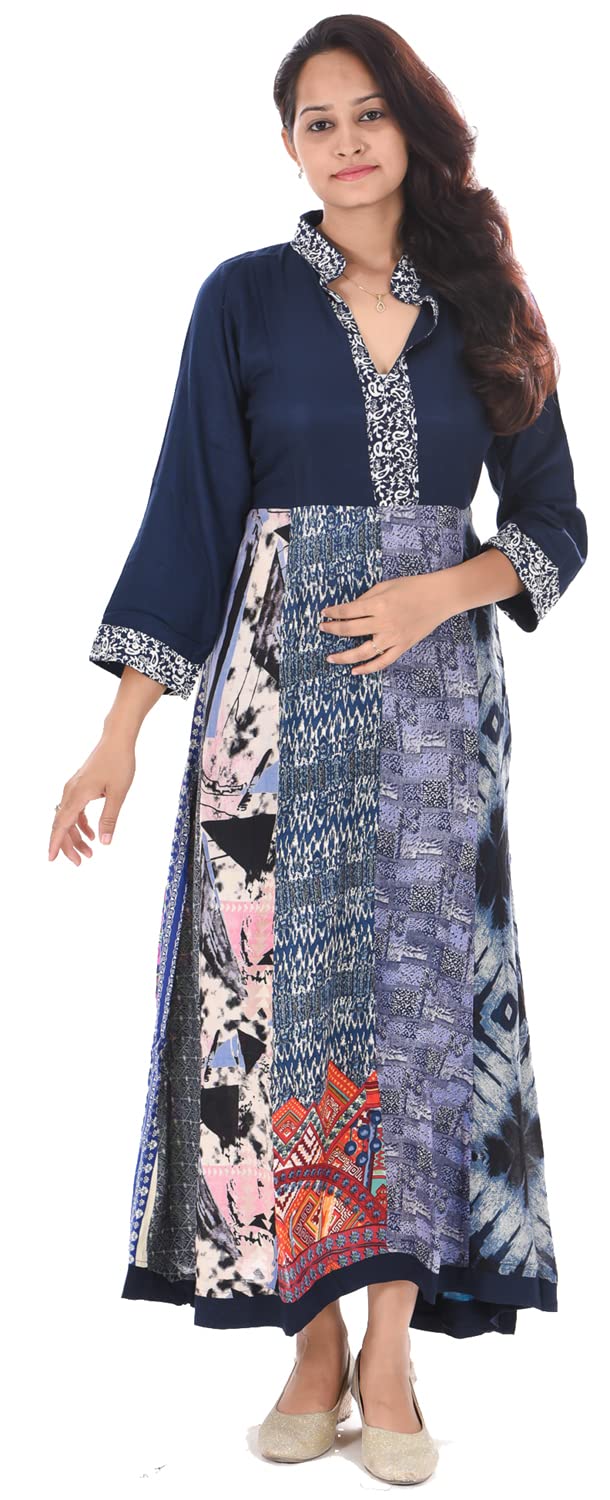 lakkar haveli Indian 100% Cotton Geometric Print Blue Color Dress Women Fashion Long Plus Size
