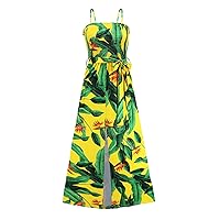 Women Hawaiian Smocked High Waist Split Sun Dress Summer Spaghetti Strap Sleeveless Trendy Casual Belt A-Line Dress