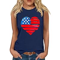 Patriotic Sleeveless Shirts Women Cute Love Heart American Flag Tank Tops 4th of July Casual Crewneck Pullover Tees